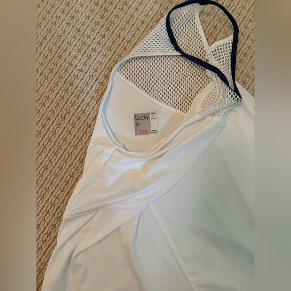 Lucky in love white tank with blue trim at neck size small like new, perfect - Picture 2 of 2